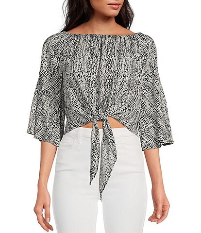 ELAN Boat Neck 3/4 Bell Sleeve Tie Front Cropped Top
