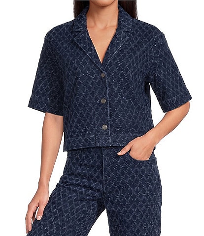 ELAN Coordinating Denim Diamond Notch Collar Short Sleeve Button Front Top