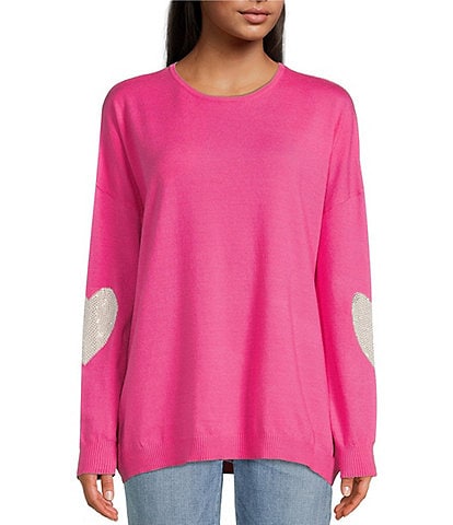 ELAN Crew Neck Embellished Heart Elbow Patch Sweater