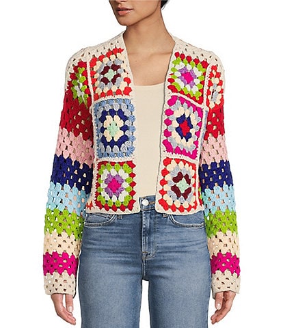 ELAN Crochet Sweater Rainbow Floral Print Open Front Cardigan