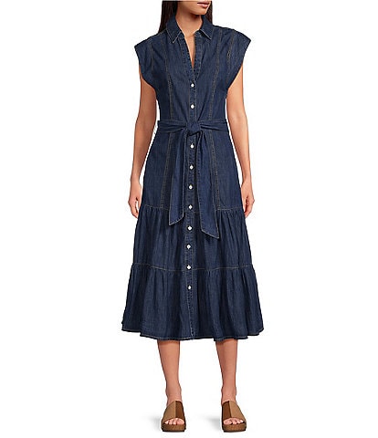 ELAN Denim V-Neck Short Cap Sleeve Midi Dress