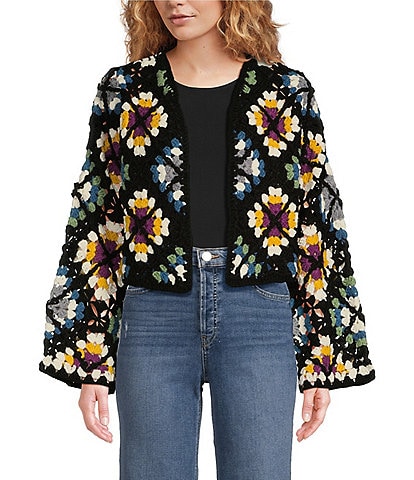 ELAN Floral Crochet Long Sleeve Cardigan Sweater