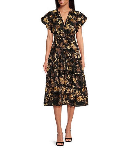 ELAN Floral Print V-Neck Cap Sleeve Midi Dress