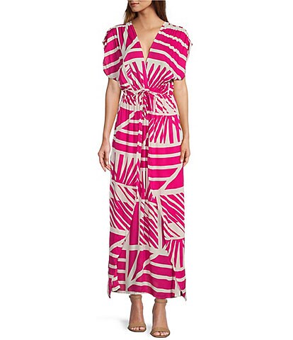 ELAN Geometric Print Deep V-Neck Short Sleeve Drop Shoulder Tie Waist Maxi Dress