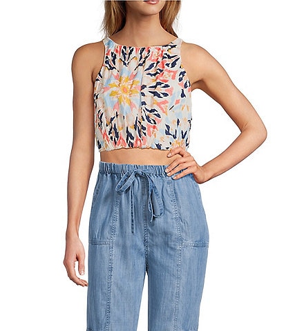 ELAN Kaleidoscope Elastic Hem Crop Halter Top