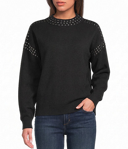 Elan Knit Crew Neck Long Sleeve Rhinestone Embellished Pullover Sweater