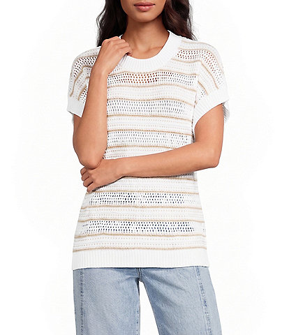 ELAN Knit Stripe Crew Neck Short Sleeve Top