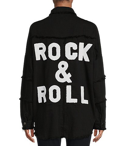 ELAN Rock and Roll Back Long Sleeve Point Collar Distressed Denim Jacket