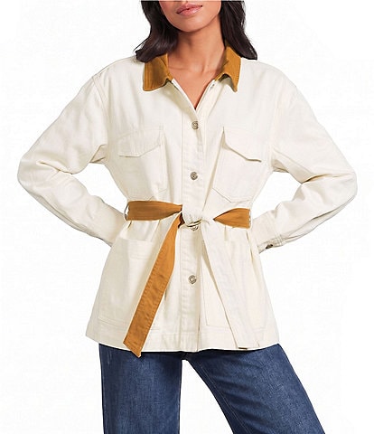 Elan Point Collar Long Sleeve Contrasting Button Front Self-Tie Jacket
