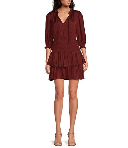 ELAN Smocked V-Neck 3/4 Sleeve Dress