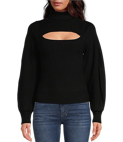 ELAN Solid Knit Turtleneck Bubble Sleeve Front Cut-Out Sweater