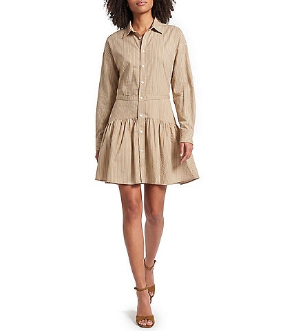 ELAN Stripe Collared Long Sleeve Button Front Drop Waist Shirtdress