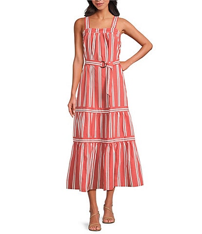 ELAN Stripe Cotton Blend Square Neck Sleeveless Belted Maxi Dress