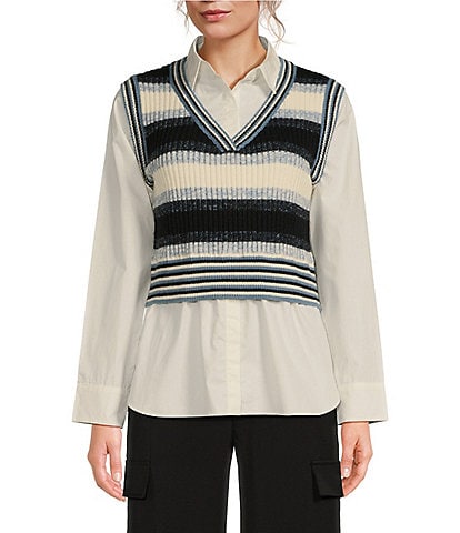 ELAN Striped V-Neck Long Sleeve Sweater Vest Shirt