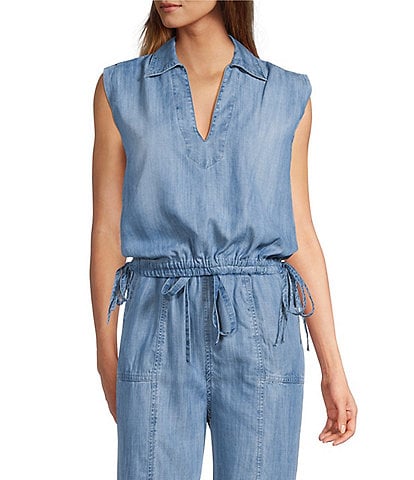 ELAN Tencel Chambray Johnny Collar Sleeveless Top