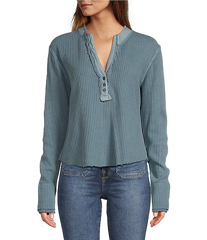 ELAN Waffle Crop V-Neck Long Sleeve Top