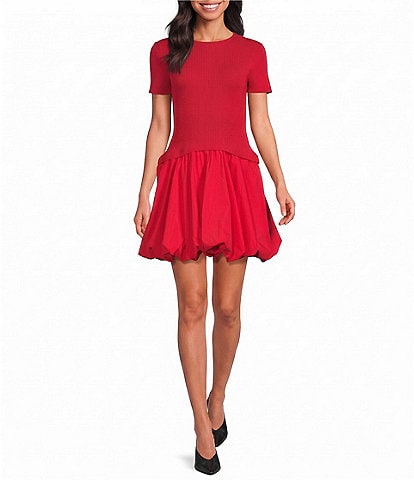 Elan Woven And Knit Crew Neck Short Sleeve Bubble Hem Pullover Dress