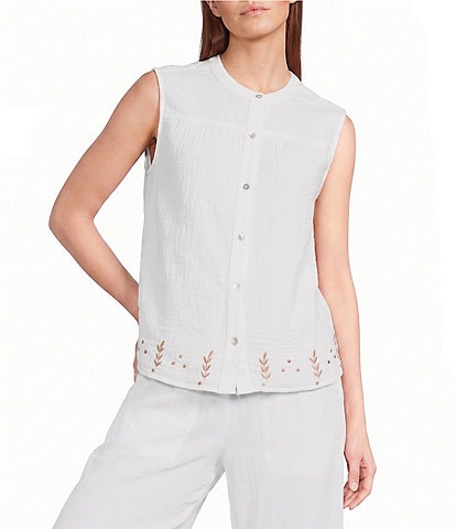 Elan Woven Crew Neck Sleeveless Button Front Coordinating Top