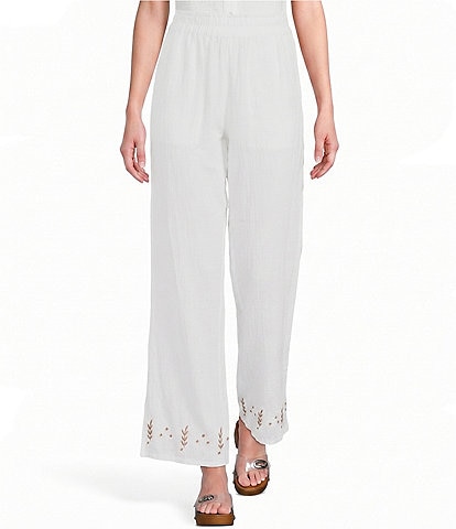 Elan Woven Embroidered Straight Leg Pull-On Coordinating Pants