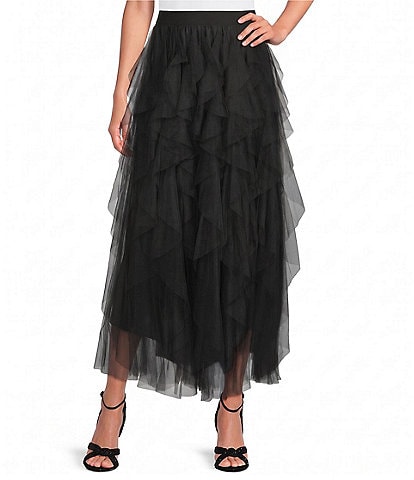 ELAN Woven Knit Tulle Midi Length Layered Pull-On Skirt