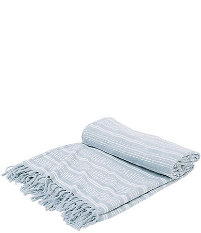 ELISABETH YORK Chenille Dobby Weave Fringe Stripe Fog Bed Throw Blanket