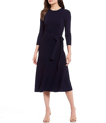 Eliza J 3/4 Sleeve Tie Waist Sweater Knit A-Line Midi Dress