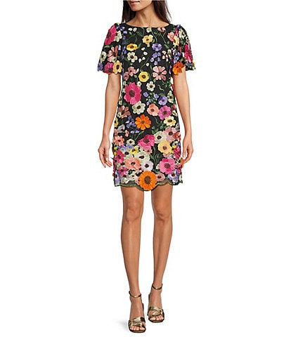 Eliza J 3D Embroidered Floral Mesh Boat Neck Short Sleeve Sheath Mini Dress