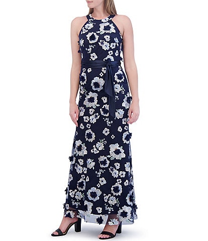 Eliza J 3D Floral Embroidered Mesh Fabrication Halter Neck Sleeveless Tie Front Gown
