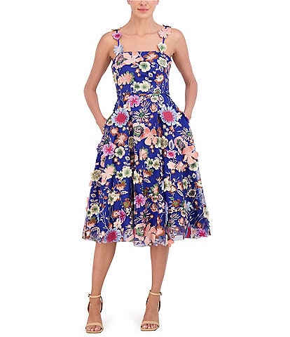 Eliza J 3D Floral Embroidered Square Neck Sleeveless Midi Dress