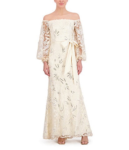 Eliza J 3D Floral Off The Shoulder Long Sleeve Tie Waist Gown