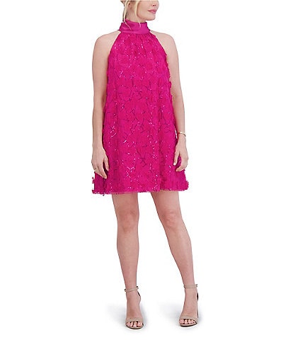 Eliza J 3D Novelty Chiffon Halter Neck Sleeveless Mini Dress
