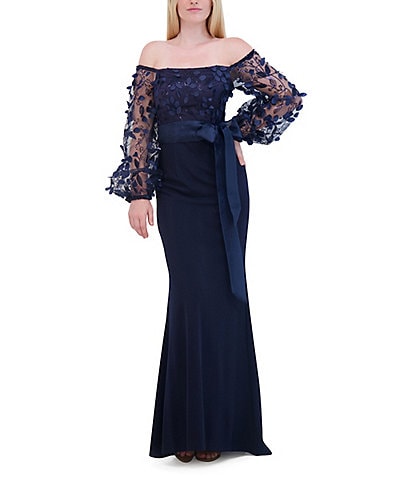 Eliza J 3D Petals Off-The-Shoulder Bow Waist Long Sleeve Gown