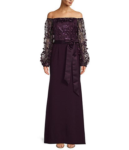 Eliza J 3D Petals Off-The-Shoulder Bow Waist Long Sleeve Gown