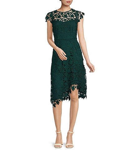 Eliza J Asymetrical Hem Floral Lace Crew Neck Cap Sleeve A-Line Midi Dress