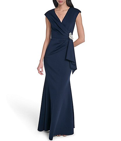 Eliza J Cap Sleeve V-Neck Front Drape Gown