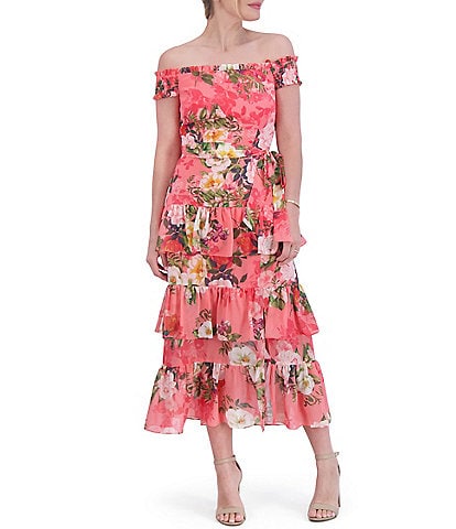 Eliza J Chiffon Floral Print Off The Shoulder Cap Sleeve Tiered Tie Waist Midi Dress
