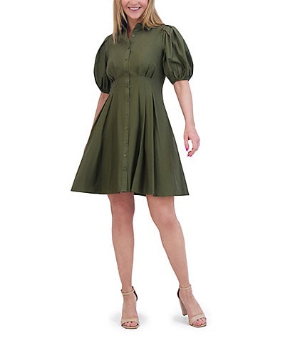 Eliza J Collared Short Puff Sleeve Pleated Button Front Mini Shirt Dress