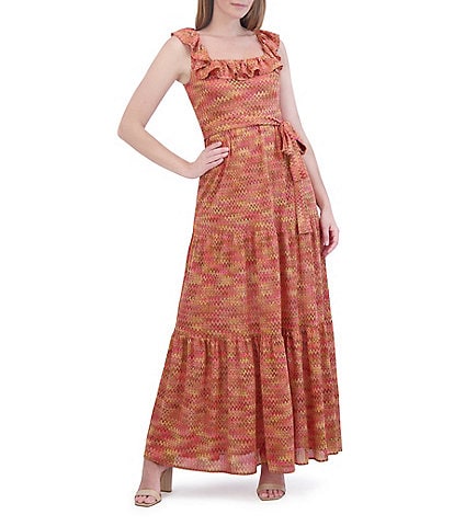 Eliza J Crochet Square Neck Flutter Sleeve Ruffle Trim Tiered Maxi Dress