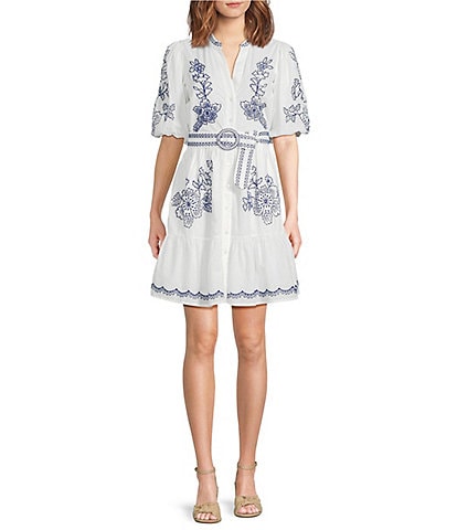 Eliza J Embroidered Cotton Floral Print Split V Neck Short Sleeve A-Line Mini Dress