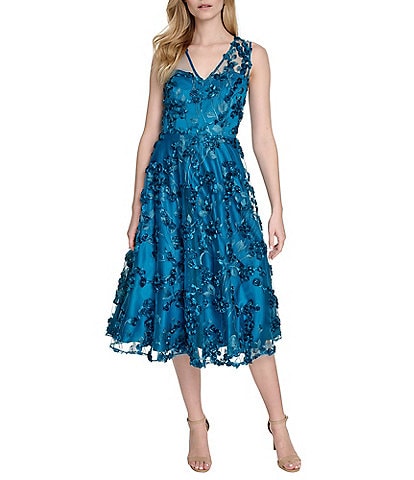 Eliza J Embroidered Mesh V-Neck 3D Floral Fit and Flare A-Line Midi Dress