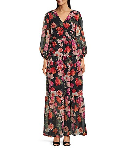 Eliza j floral ruched chiffon faux wrap outlet dress