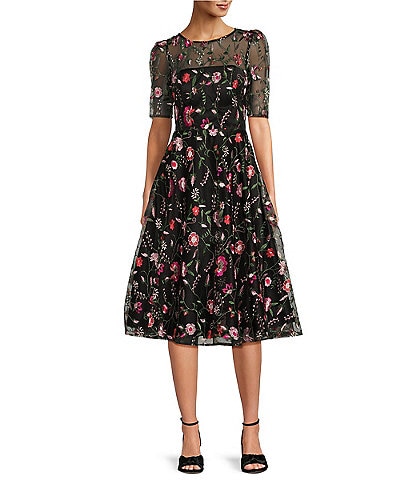 Eliza J Floral Embroidered Lace Illusion Boat Neck Short Sleeve Fit and Flare Midi Dress