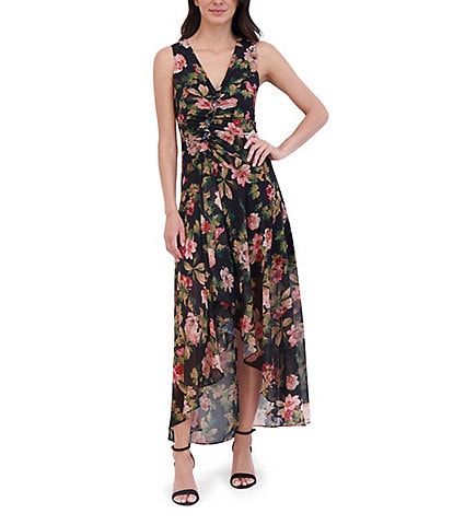 Eliza j floral ruched chiffon faux wrap dress best sale