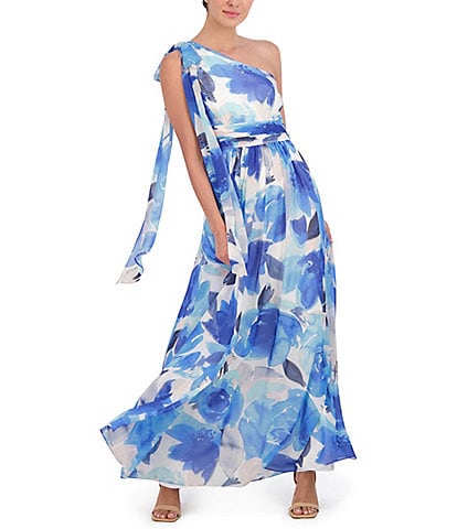 Eliza J Floral One Shoulder Bow Tie Sleeveless Gown