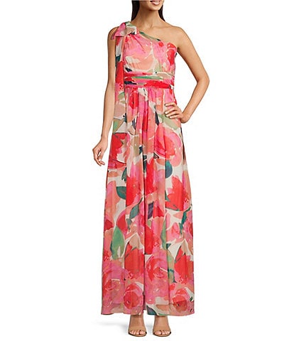 Eliza J Floral One Shoulder Bow Tie Sleeveless Gown