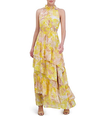 Eliza J Floral Print Chiffon Halter Neck Sleeveless Smocked Waist Asymmetrical Tiered A-Line Maxi Dress