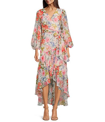 Eliza J Floral Print Chiffon Ruffle V-Neck Long Blouson Sleeve Tie Waist High-Low Faux Wrap Maxi Dress