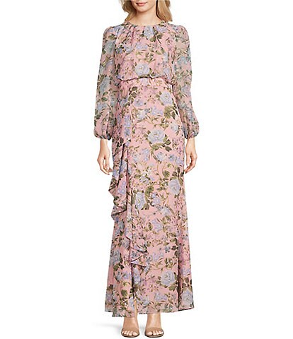 Eliza J Floral Print Long Sleeve Cascading Maxi Dress