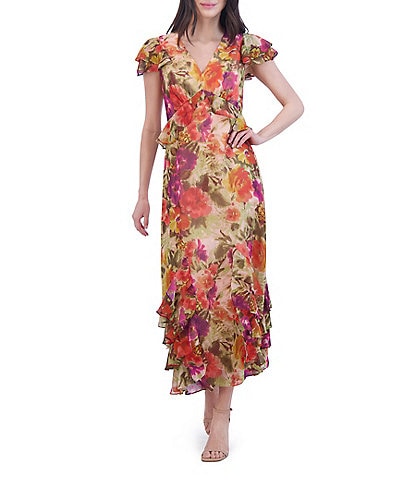 Eliza J Floral Print Metallic Clip Chiffon V-Neck Short Flutter Sleeve Tiered Maxi Dress