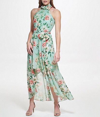 Eliza J Floral Print Mock Neck Sleeveless High-Low Maxi Dress